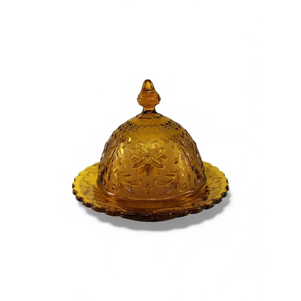 Vintage Tiara Glass Amber Butter Domed Dish Cloche